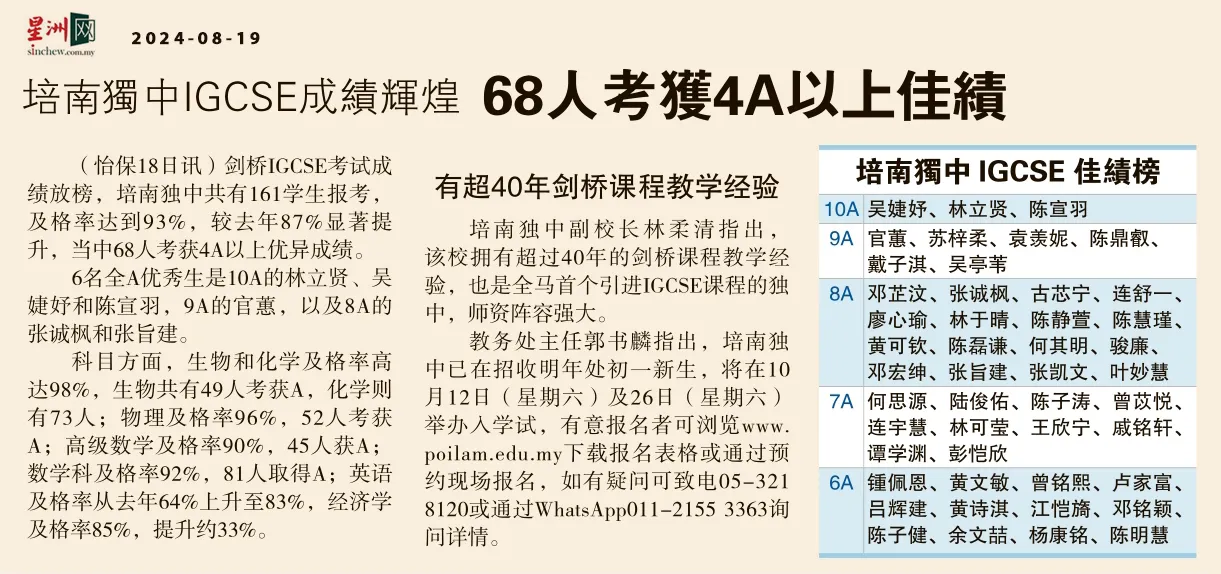 20240819-培南独中IGCSE成绩辉煌 68人考获4A以上佳绩——星洲日报_result