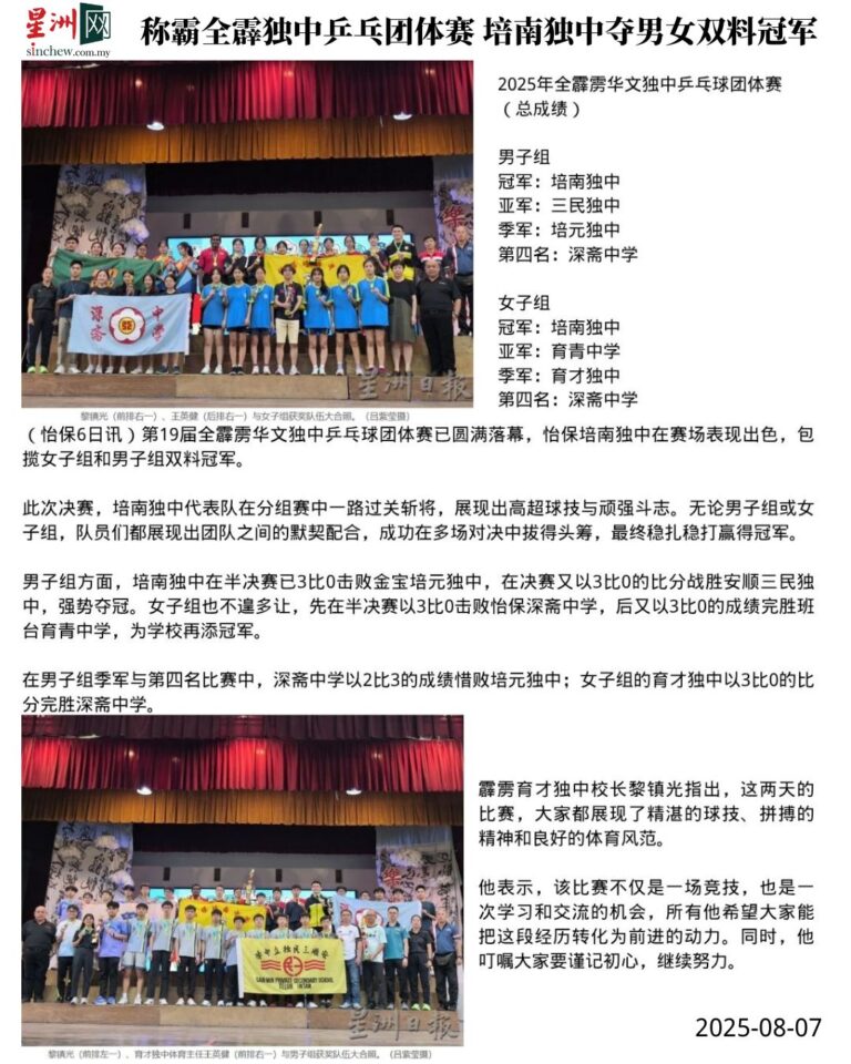 称霸全霹独中乒乓团体赛 培南独中夺男女双料冠军